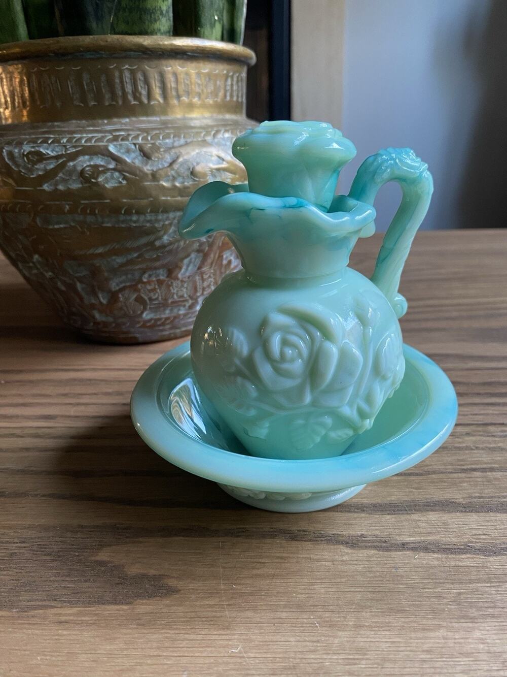 Vintage Avon Victorian Pitcher With Stopper And Bowl Blue Slag Glass Set